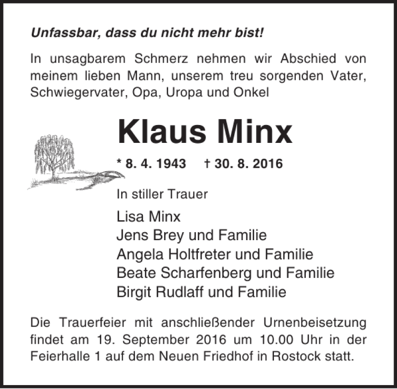  Traueranzeige für Klaus Minx vom 03.09.2016 aus Ostsee-Zeitung
