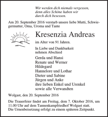 Traueranzeige von Kresenzia Andreas von Ostsee-Zeitung