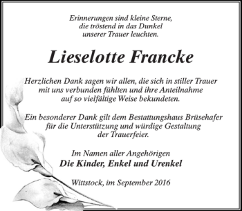 Traueranzeige von Lieselotte Francke von MAZ-Trauer.de