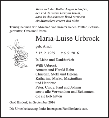 Traueranzeige von Maria-Luise Urbrock von Ostsee-Zeitung