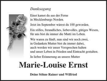Traueranzeige von Marie-Louise Ernst von Ostsee-Zeitung