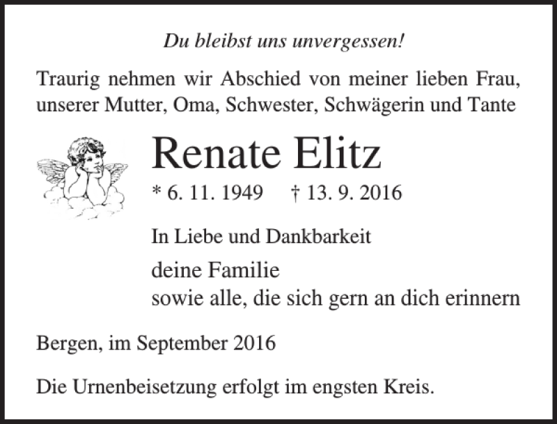  Traueranzeige für Renate Elitz vom 17.09.2016 aus Ostsee-Zeitung