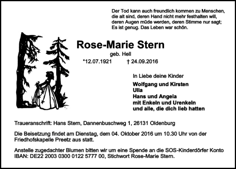  Traueranzeige für Rose-Marie Stern vom 28.09.2016 aus Kieler Nachrichten / Segeberger Zeitung