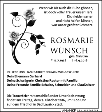 Traueranzeige von Rosemarie Wünsch von Leipziger Volkszeitung