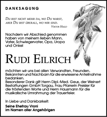 Traueranzeige von Rudi EilRich von Torgauer Zeitung