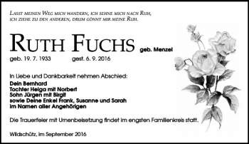 Traueranzeige von Ruth Fuchs von Torgauer Zeitung