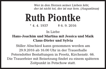 Traueranzeige von Ruth Piontke von Kieler Nachrichten / Segeberger Zeitung