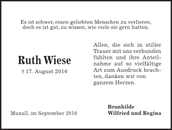 Traueranzeige von Ruth Wiese von Kieler Nachrichten / Segeberger Zeitung