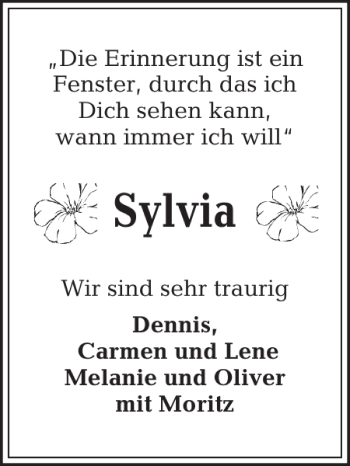 Traueranzeige von Sylvia  von Kieler Nachrichten / Segeberger Zeitung