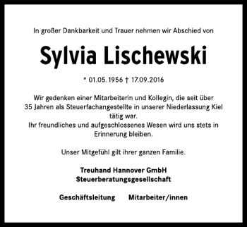 Traueranzeige von Sylvia Lischewski von Kieler Nachrichten / Segeberger Zeitung