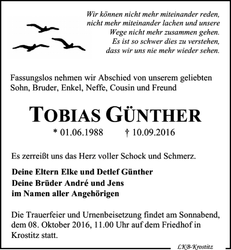  Traueranzeige für TOBIAS GÜNTHER vom 24.09.2016 aus Leipziger Volkszeitung