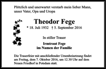 Traueranzeige von Theodor Fege von MAZ-Trauer.de