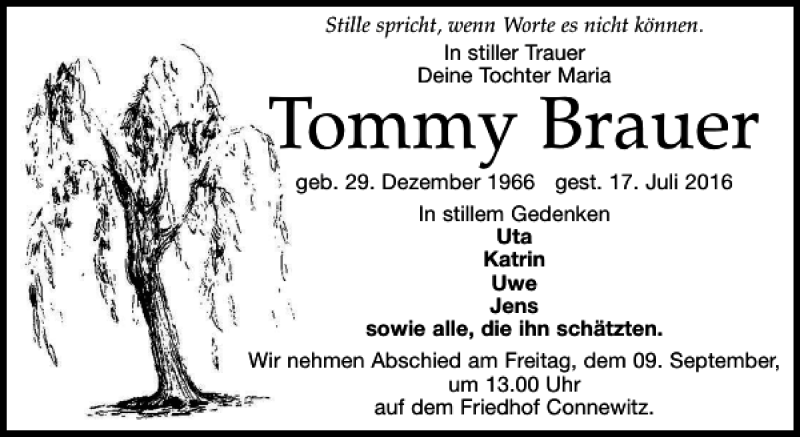  Traueranzeige für Tommy Brauer vom 03.09.2016 aus Leipziger Volkszeitung
