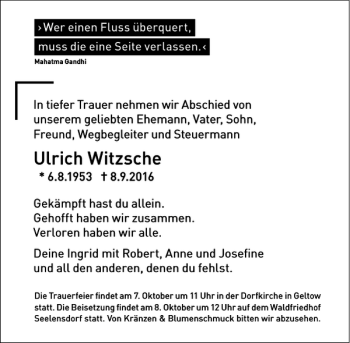 Traueranzeige von Ulrich Witzsche von MAZ-Trauer.de