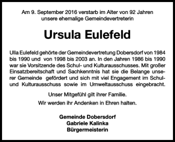 Traueranzeige von Ursula Eulefeld von Kieler Nachrichten / Segeberger Zeitung