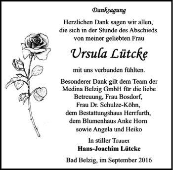Traueranzeige von Ursula Lütcke von MAZ-Trauer.de