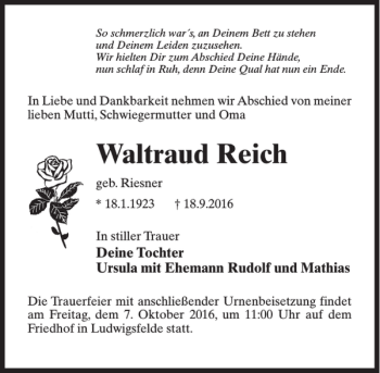 Traueranzeige von Waltraud Reich von MAZ-Trauer.de