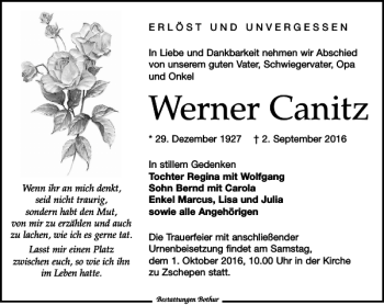 Traueranzeige von Werner Canitz von Leipziger Volkszeitung