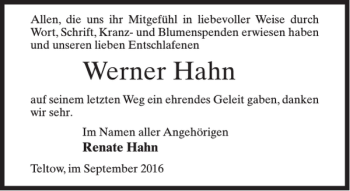 Traueranzeige von Werner Hahn von MAZ-Trauer.de