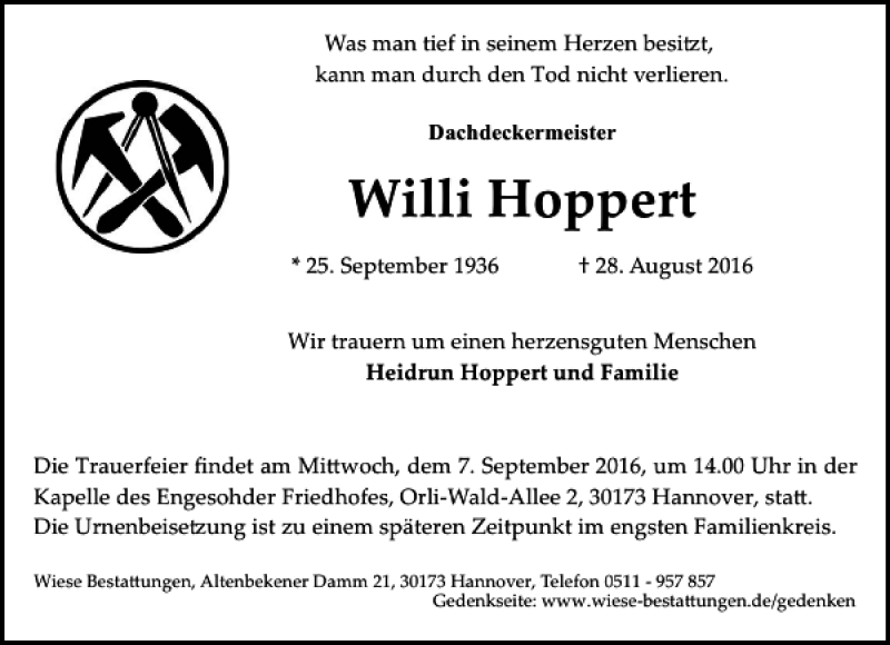  Traueranzeige für Willi Hoppert vom 03.09.2016 aus HAZ/NP
