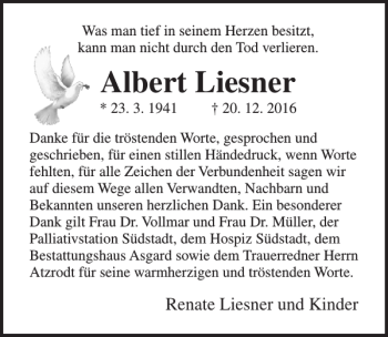Traueranzeige von Albert Liesner von Ostsee-Zeitung