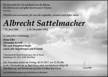 Traueranzeige von Albracht Sattelmacher von Schaumburger Nachrichten