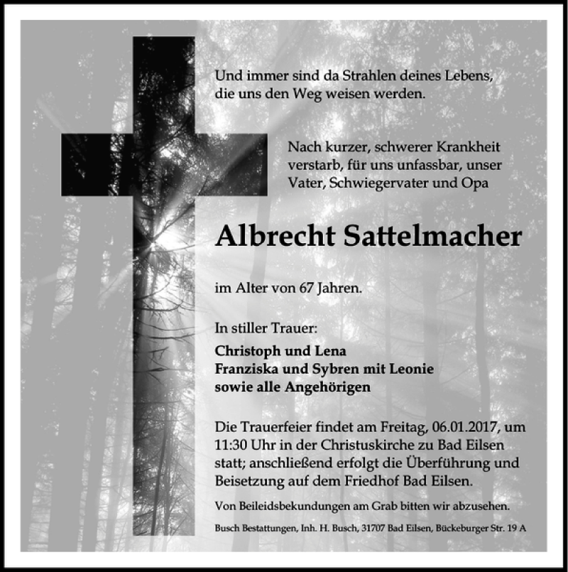  Traueranzeige für Albrecht Sattelmacher vom 02.01.2017 aus Schaumburger Nachrichten