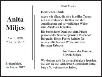 Traueranzeige von Anita Miljes von Lübecker Nachrichten