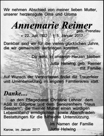 Traueranzeige von Annemarie Reimer von Ostsee-Zeitung