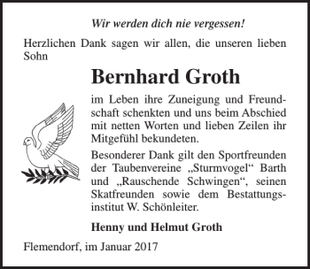 Traueranzeige von Bernhard Groth von Ostsee-Zeitung