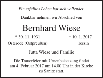 Traueranzeige von Bernhard Wiese von Ostsee-Zeitung