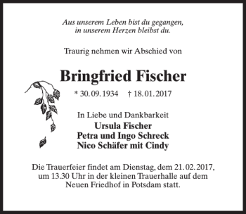 Traueranzeige von Bringfried Fischer von MAZ-Trauer.de