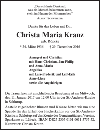 Traueranzeige von Christa Maria von Lübecker Nachrichten