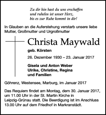 Traueranzeige von Christa Maywald von Leipziger Volkszeitung