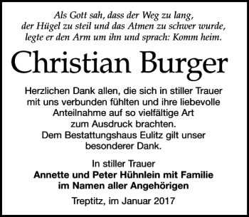 Traueranzeige von Christian Burger von Leipziger Volkszeitung