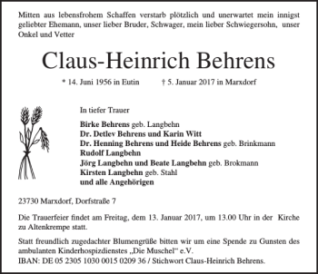 Traueranzeige von Claus-Heinrich Behrens von Lübecker Nachrichten