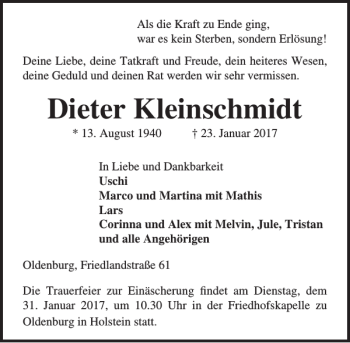 Traueranzeige von Dieter Kleinschmidt von Lübecker Nachrichten