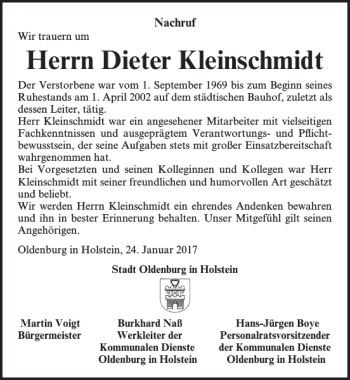 Traueranzeige von Dieter Kleinschmidt von Lübecker Nachrichten