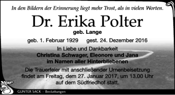 Traueranzeige von Dr. Erika Polter von Leipziger Volkszeitung