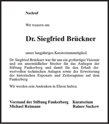 Traueranzeige von Dr. Siegfried Brückner von MAZ-Trauer.de
