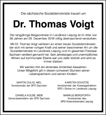 Traueranzeige von Dr. Thomas Voigt von Leipziger Volkszeitung