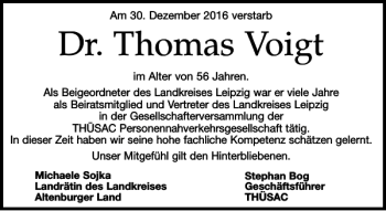 Traueranzeige von Dr. Thomas Voigt von Leipziger Volkszeitung