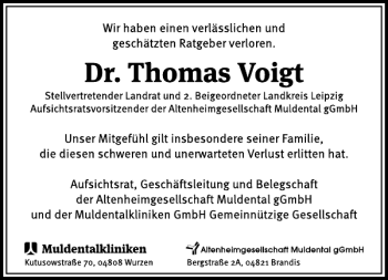 Traueranzeige von Dr. Thomas Voigt von Leipziger Volkszeitung