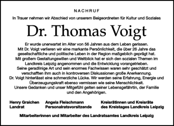 Traueranzeige von Dr. Thomas Voigt von Leipziger Volkszeitung