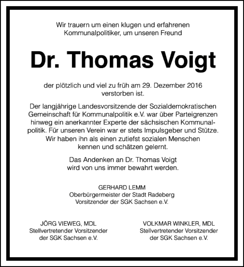  Traueranzeige für Dr. Thomas Voigt vom 07.01.2017 aus Leipziger Volkszeitung