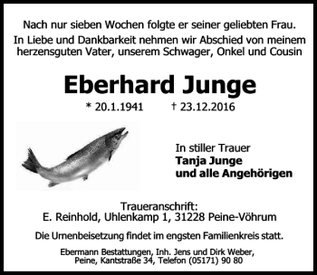 Traueranzeige von Eberhard Junge von Peiner Allgemeine Zeitung