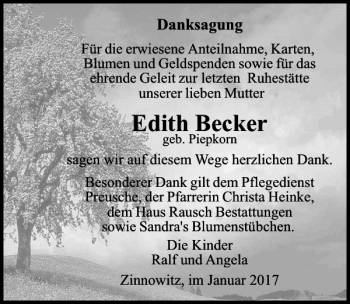 Traueranzeige von Edith Becker von Ostsee-Zeitung