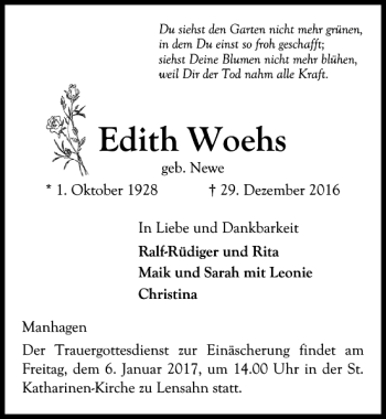 Traueranzeige von Edith Woehs von Lübecker Nachrichten