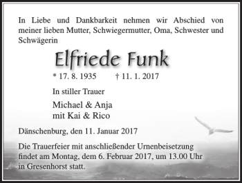 Traueranzeige von Elfriede Funk von Ostsee-Zeitung