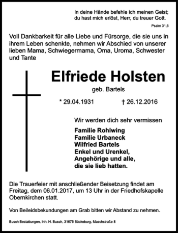 Traueranzeige von Elfriede Holsten von Schaumburger Nachrichten